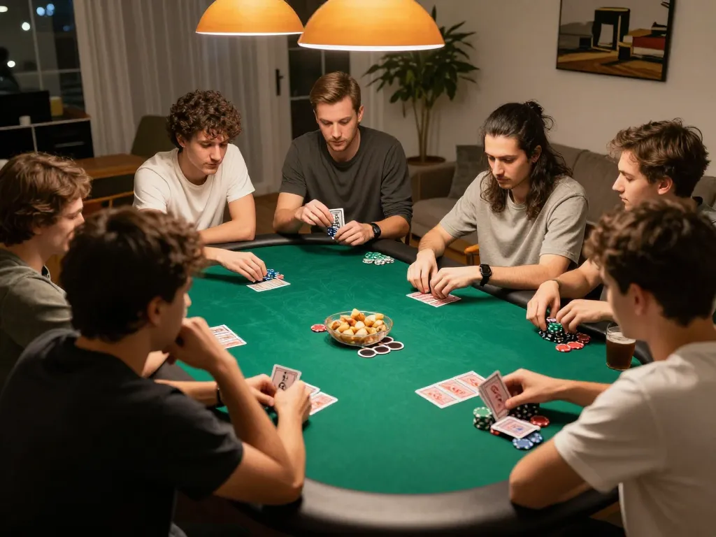 Players strategizing during an intense poker game at https://888vnd.bid/ home setting.