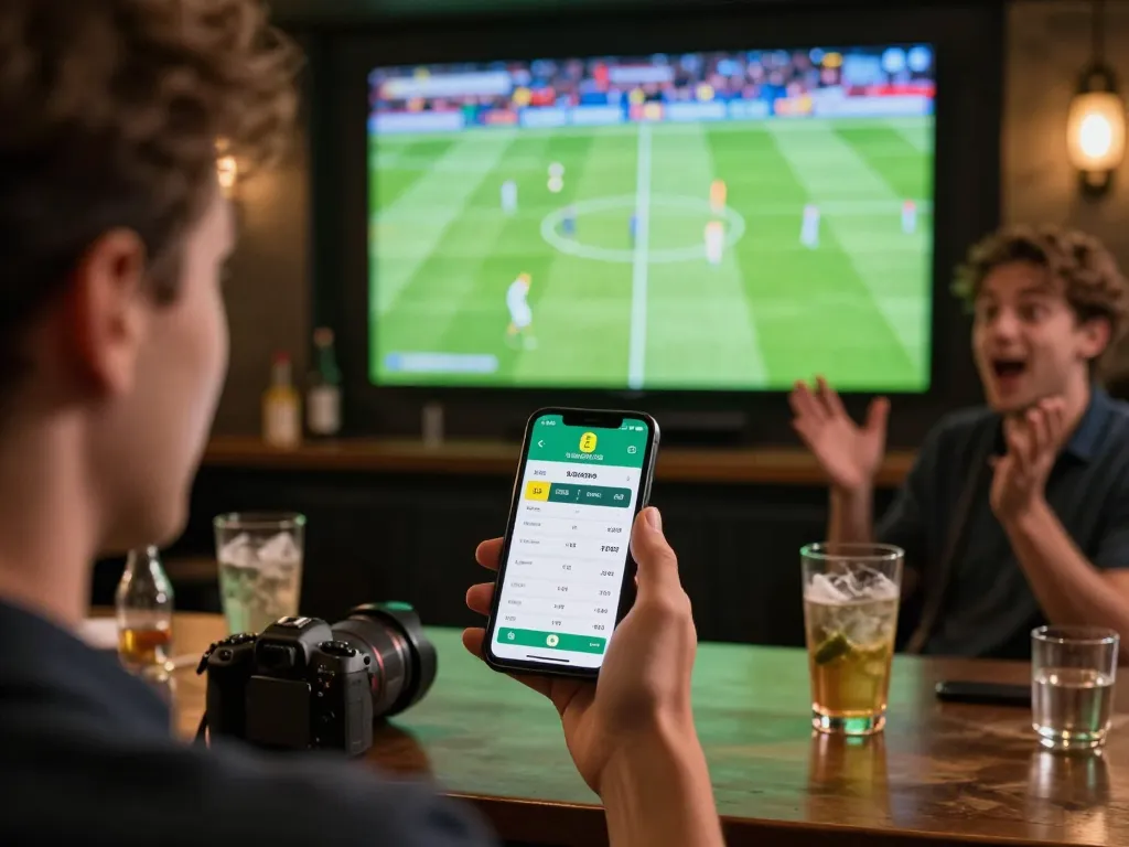 EE88 user placing live sports bets while watching a match on a big screen