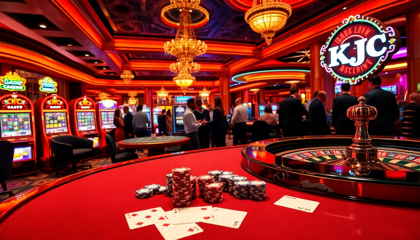 KJC casino gameplay featuring luxury tables, vibrant slot machines, and excited players.
