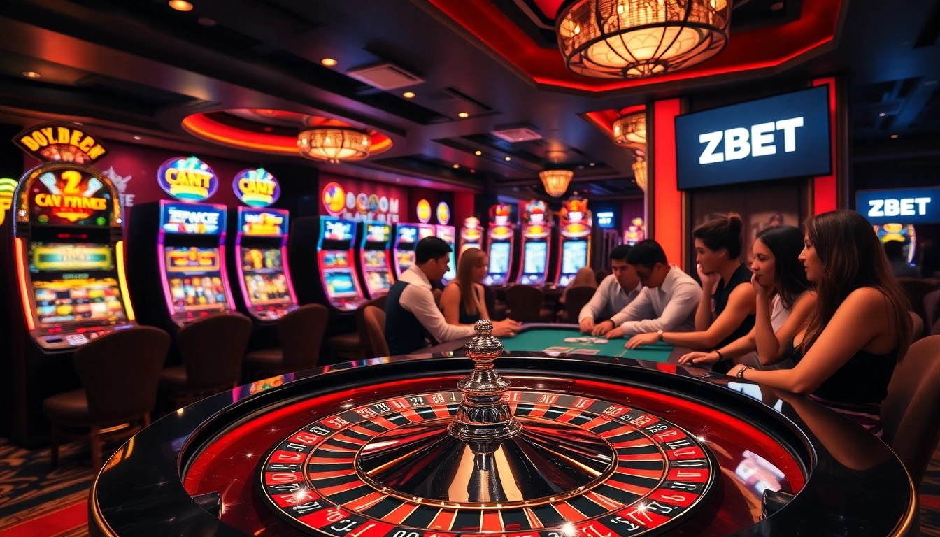 ZBET casino scene showcasing an engaging poker game with vibrant slot machines and roulette table.