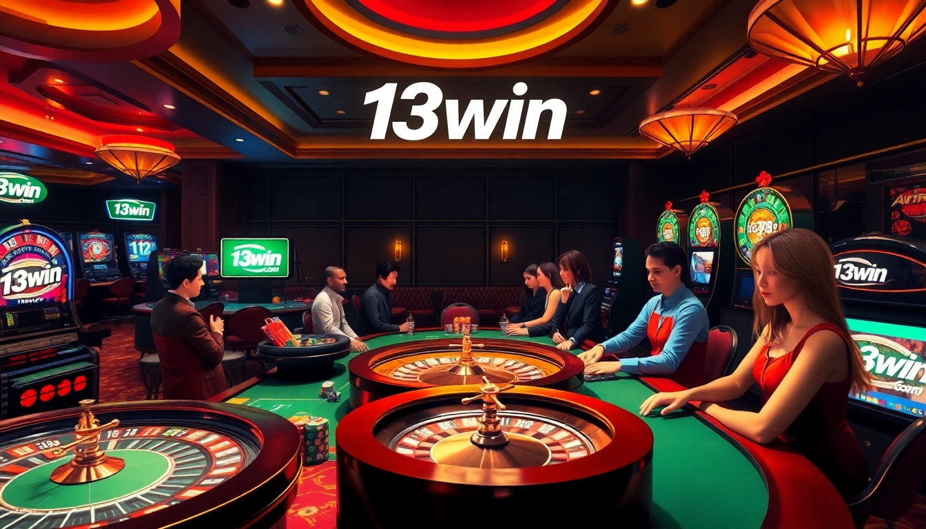 Engaged players at 13win.com casino enjoying games with vibrant poker tables, roulette, and slots.