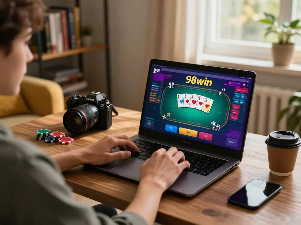 A player engages with 98win's online casino interface at home, highlighting strategic gaming.