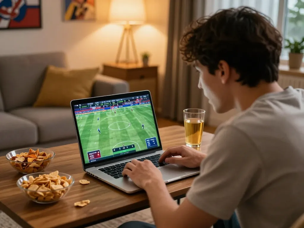 Engaged player using the XO88 platform for live sports betting at home, illustrating excitement and strategy in a cozy environment.