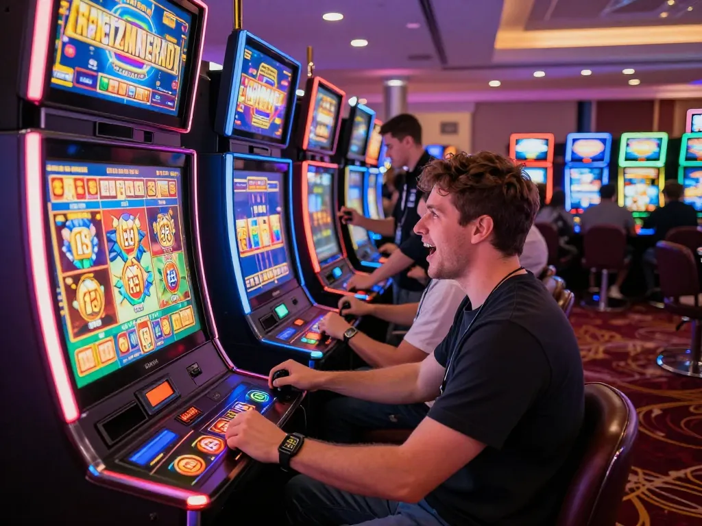Fabet players celebrating a jackpot win at vibrant slot machines in an exciting casino environment