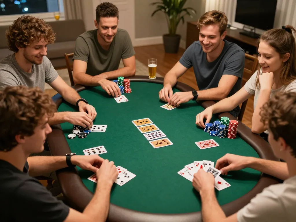 Friends enjoying a poker night at home with chips and cards, celebrating at tg88.
