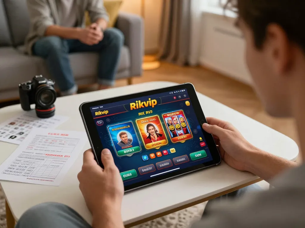 Player enjoying rikvip online poker on tablet in a cozy living room with strategy notes.