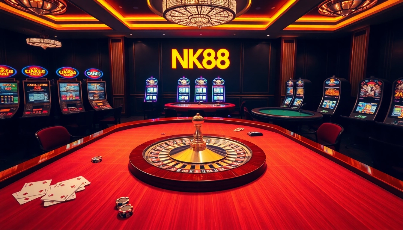 Engaging players at NK88 casino tables amidst vibrant lights and luxury.