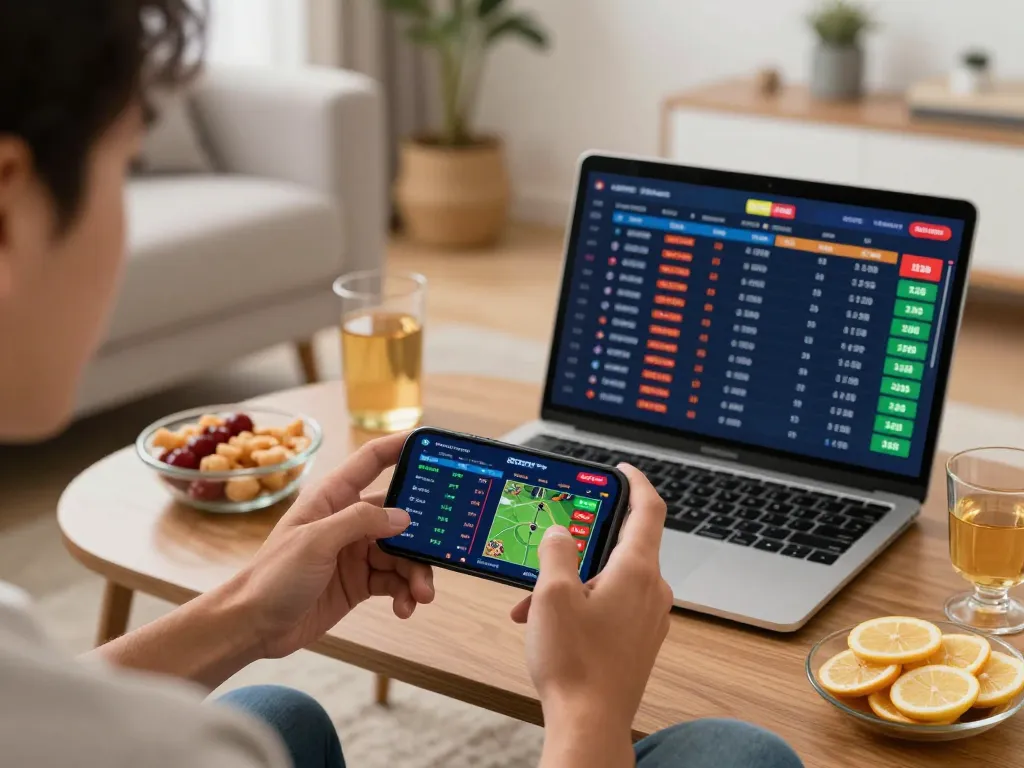 Cá cược Bom88 with a person actively placing sports bets on a smartphone in a cozy living room