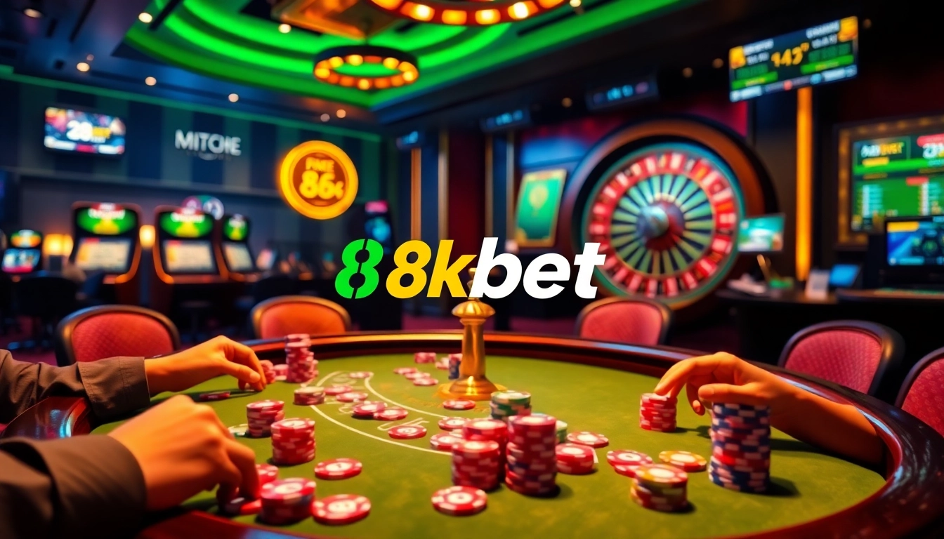 Players engaging in exciting games at 8kbet, showcasing vibrant poker tables and casino atmosphere.