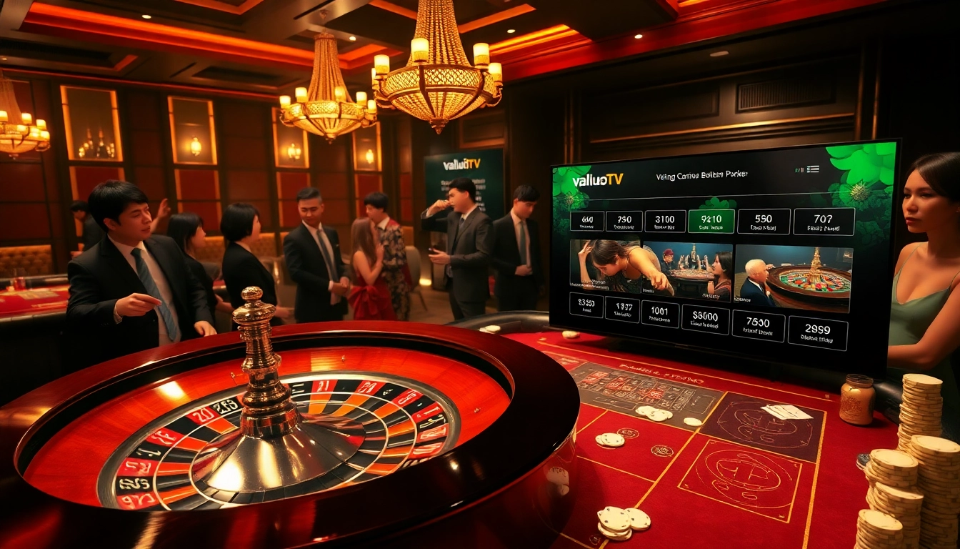 Experience high-stakes gambling at VaoluoiTV with vibrant poker tables and roulette wheels.