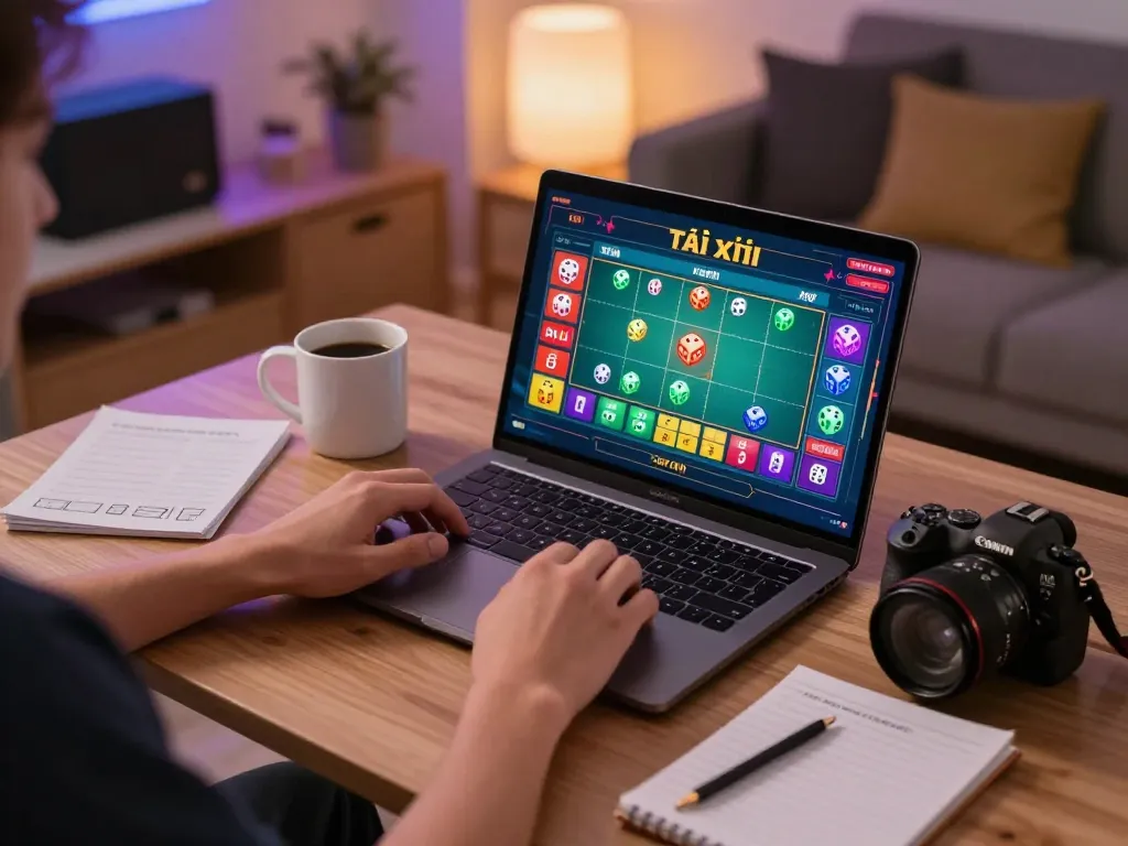 Player immersing themselves in an exciting game tài xỉu on a laptop, showcasing online betting strategy in a vibrant home setting.