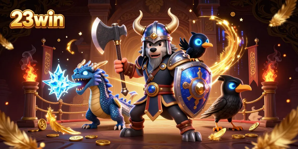 Engage with 23win's thrilling casino experience featuring a Viking warrior, dragon, and gold coins.