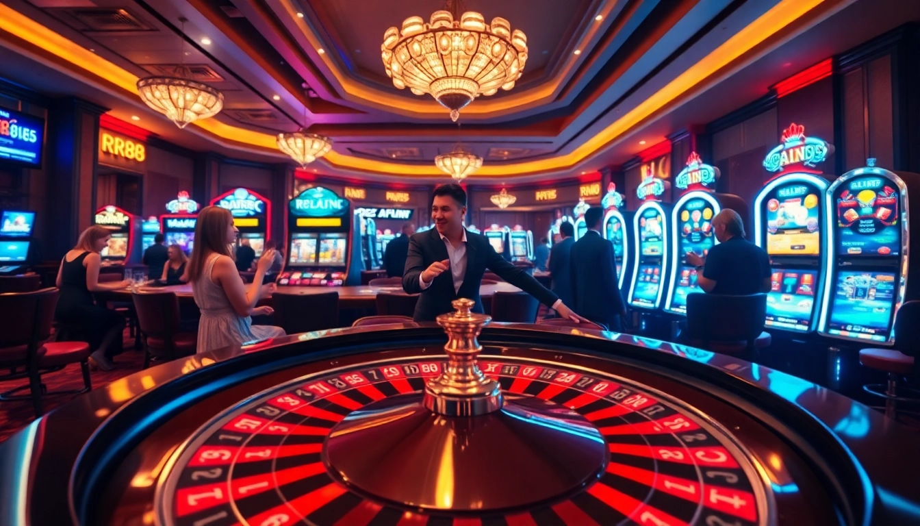 Experience the excitement of RR88 with players at a roulette table and lively slot machines.
