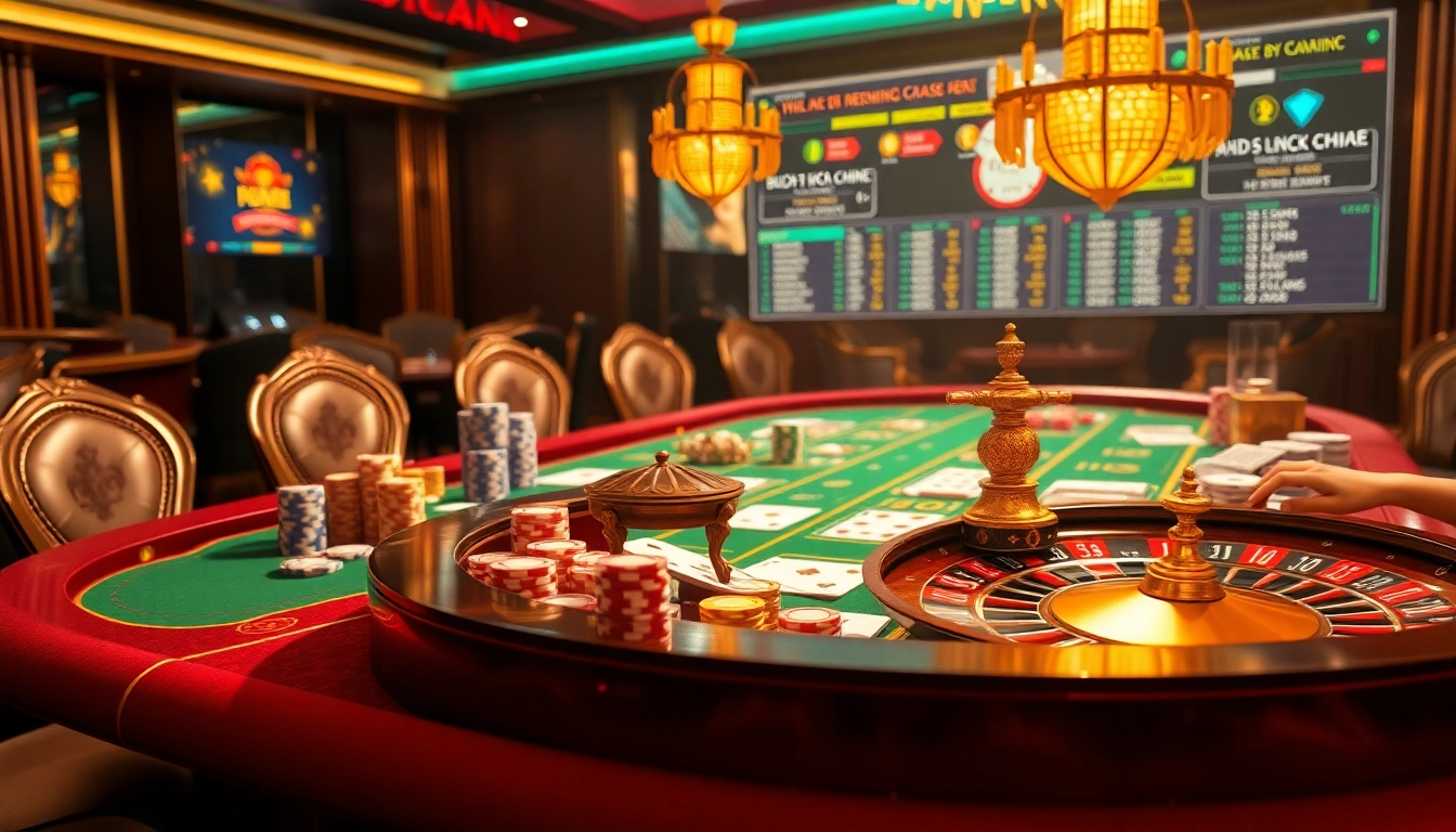 Engaging casino scene showcasing tỷ lệ nhà cái with poker chips, cards, and a roulette wheel.