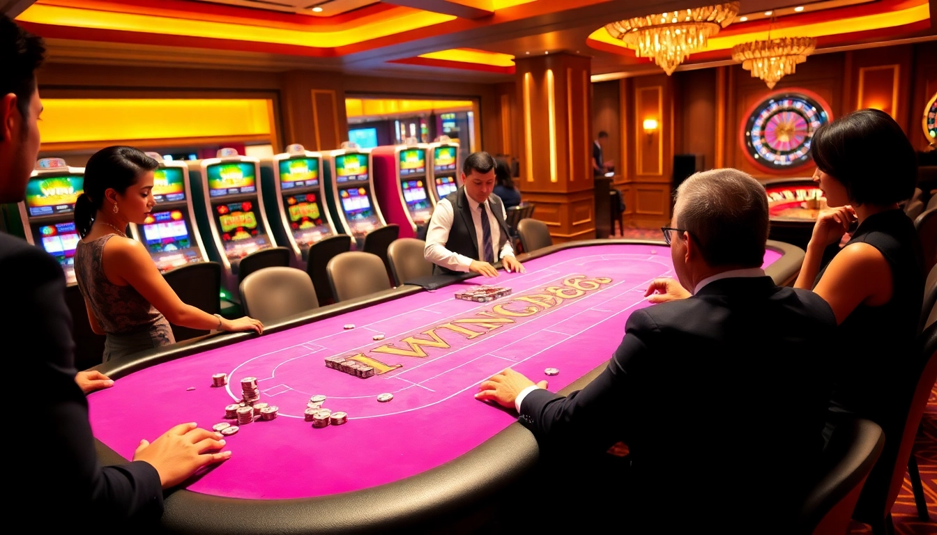 Gamblers enjoying a thrilling game at the IWIN68 casino table, surrounded by vibrant décor and action.