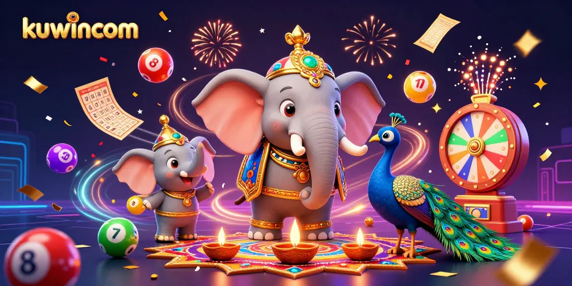 Kuwincom players enjoy vibrant gambling excitement with colorful banners and lottery elements in this dynamic illustration.