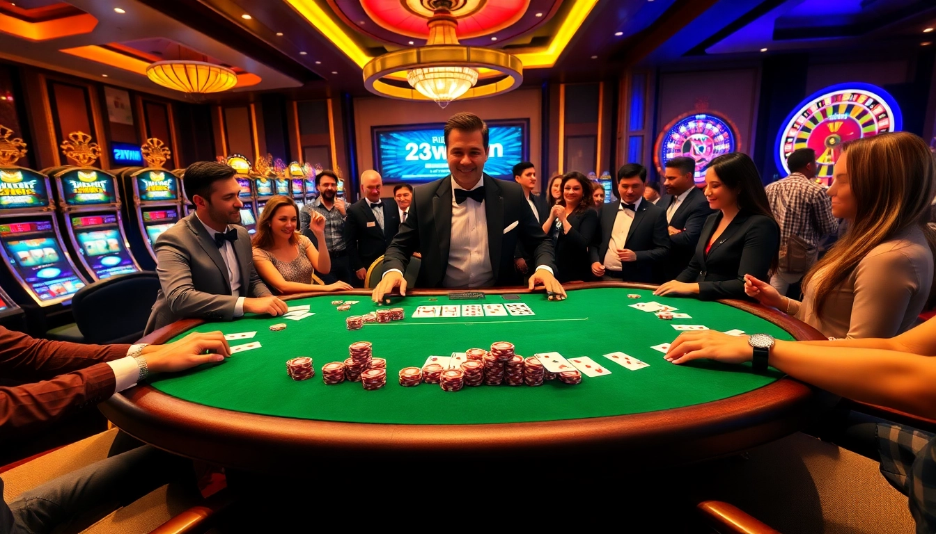 Experience thrilling card action at 23win's luxurious casino setting with poker and energetic players.