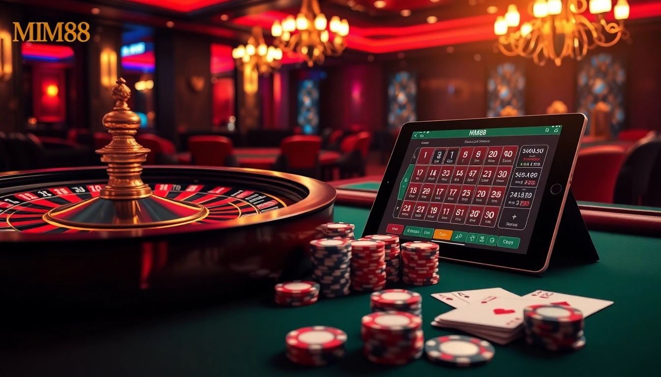Exciting casino atmosphere showcasing MM88 with roulette wheel and poker chips.