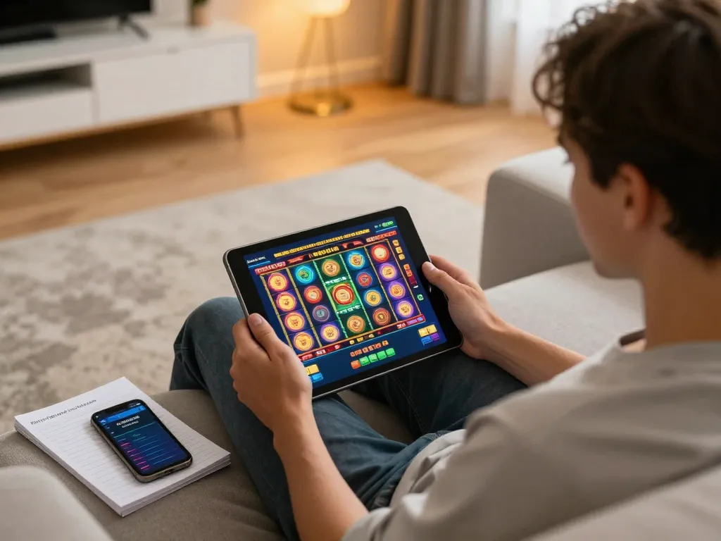 Engaging with online slot games at https://92slot.net/ in a cozy home setting.
