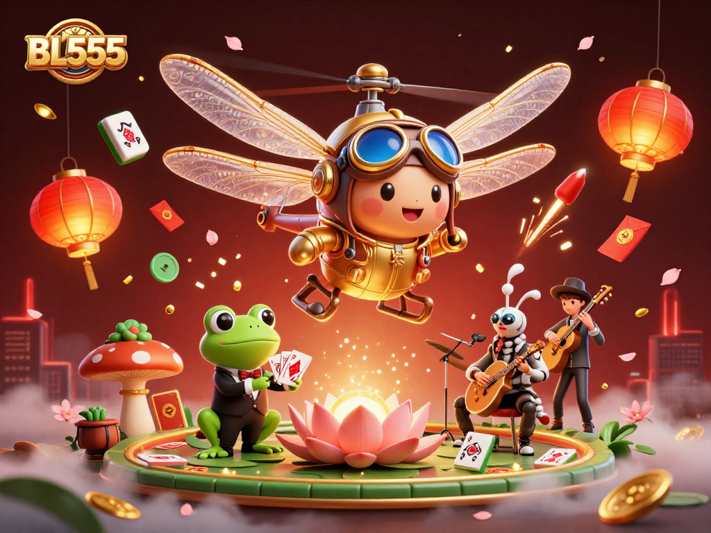 Experience thrilling gameplay at BL555 with vibrant casino action featuring a dragonfly pilot, frog dealer, and jazz musicians.