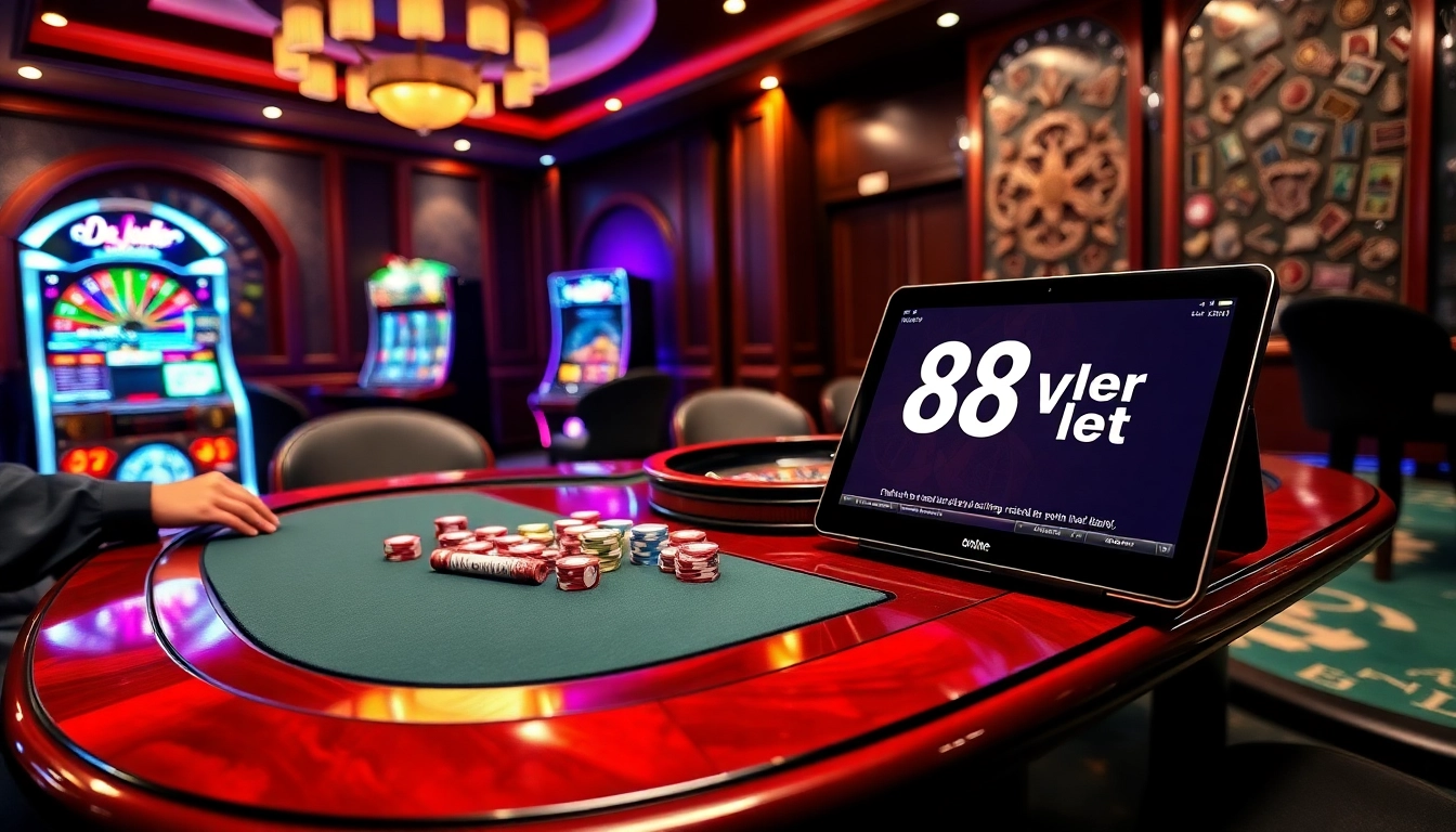 The excitement of 888VND bet showcased through an elegant poker table and thrilling casino atmosphere.