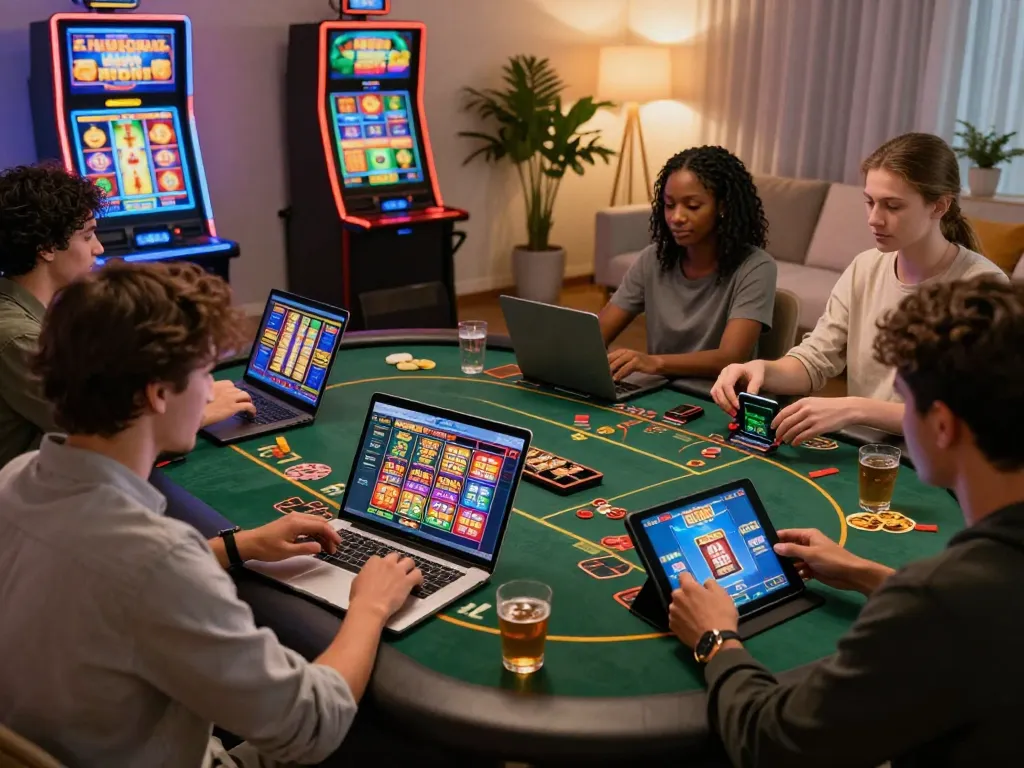 Players engaging with rikbet's online casino games in vibrant home environments, showcasing excitement and modern gaming.