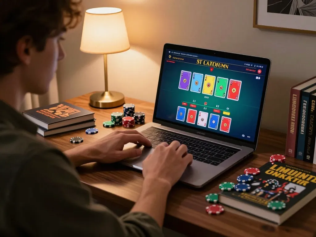 Engaged with the man88 online blackjack game, showcasing vibrant cards and casino chips in a cozy modern setup.