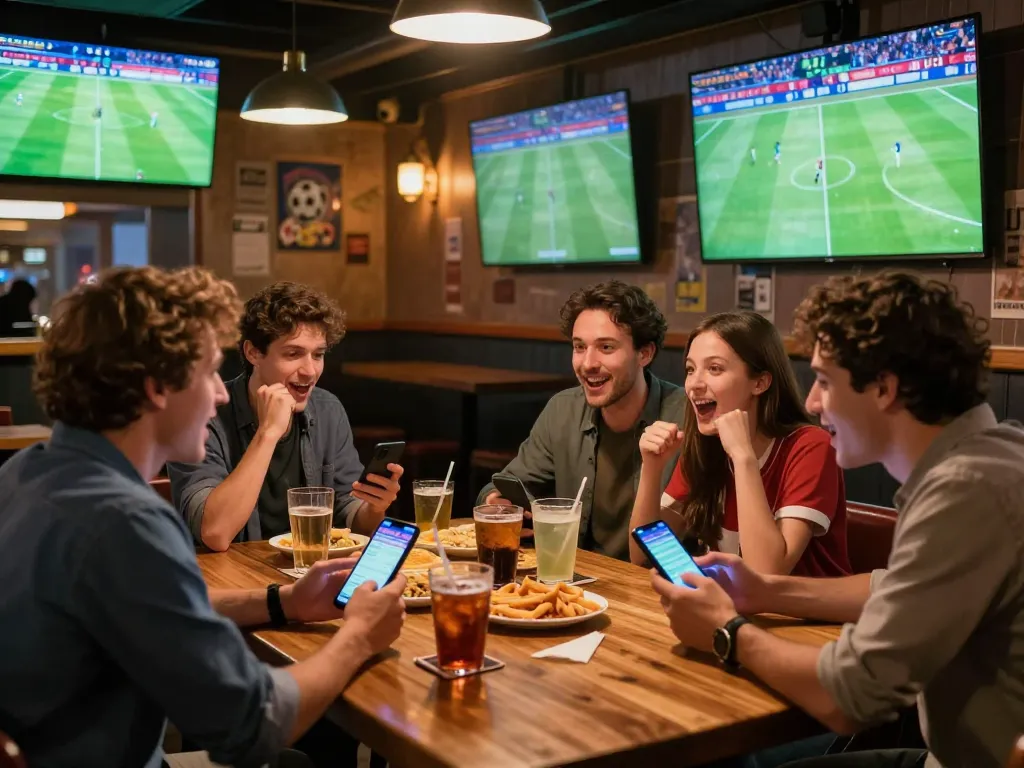 Excited friends using cakhia tv for live sports betting in a vibrant bar, showcasing winning moments.
