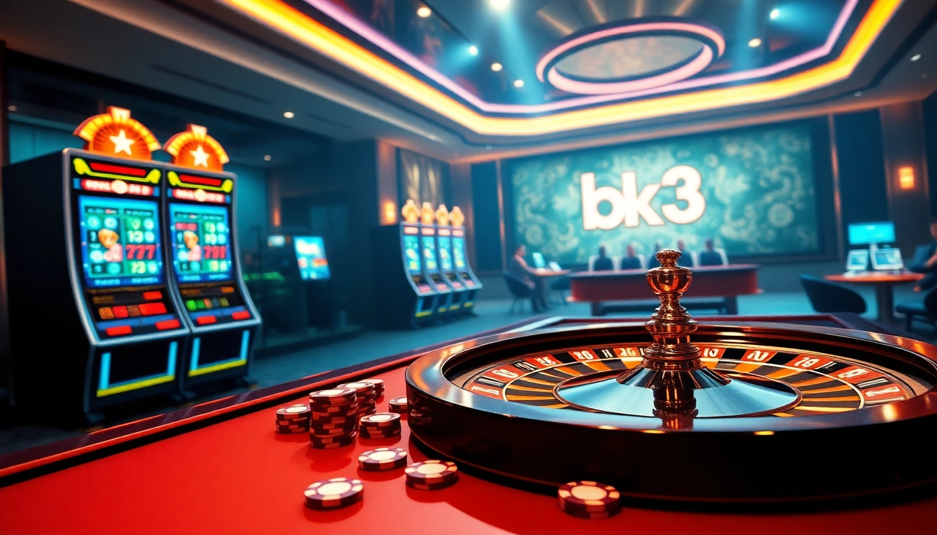 Exciting online gambling scene featuring bk33 with spinning reels, poker chips, and vibrant casino atmosphere.