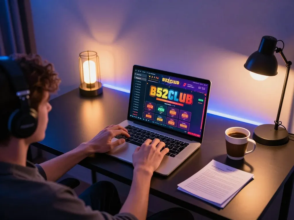 B52club online gaming scene with player engaged in strategic gameplay at home