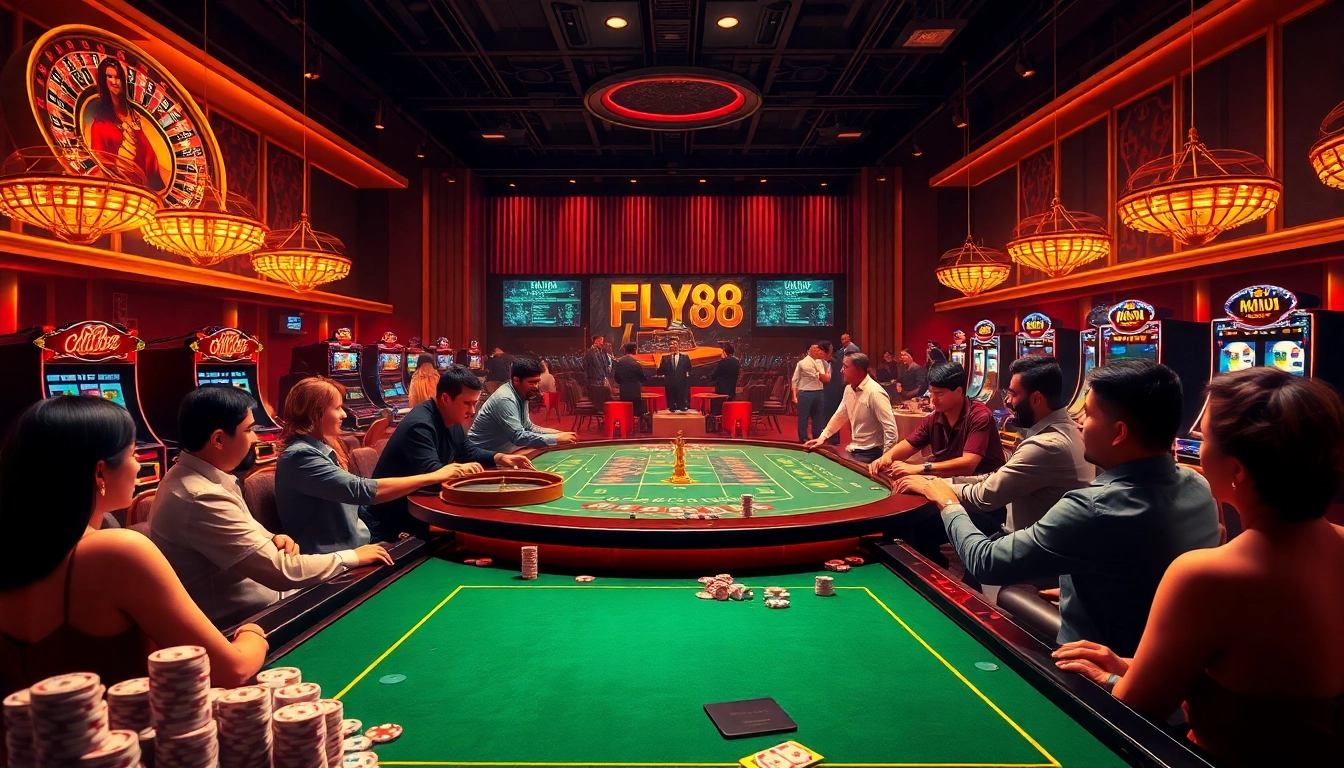 Players engaging in high-stakes bets at the FLY88 casino, showcasing excitement and winning strategies.