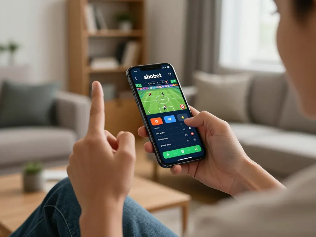 Engaging with the sbobet mobile app for live sports betting in a cozy home setting.