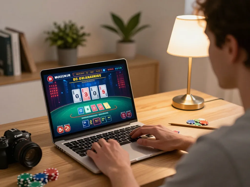 FLY88 user engaging in live dealer game on laptop, showcasing home gaming strategies.