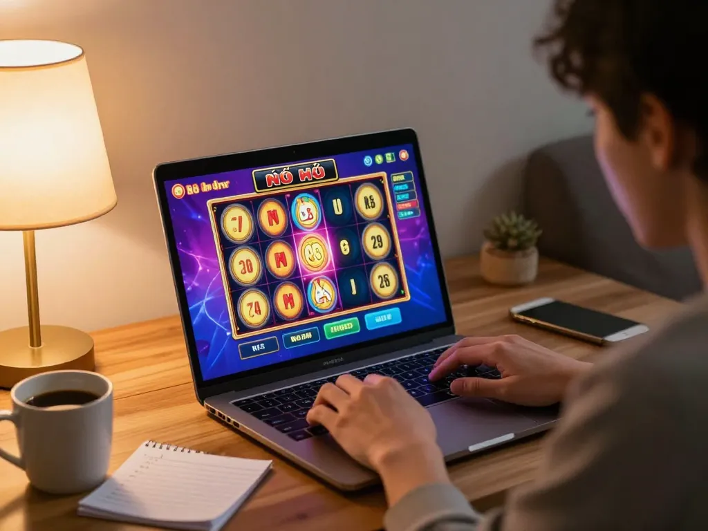 Playing nổ hũ online from a cozy home setup, focusing on winning strategies and fun gaming experience.
