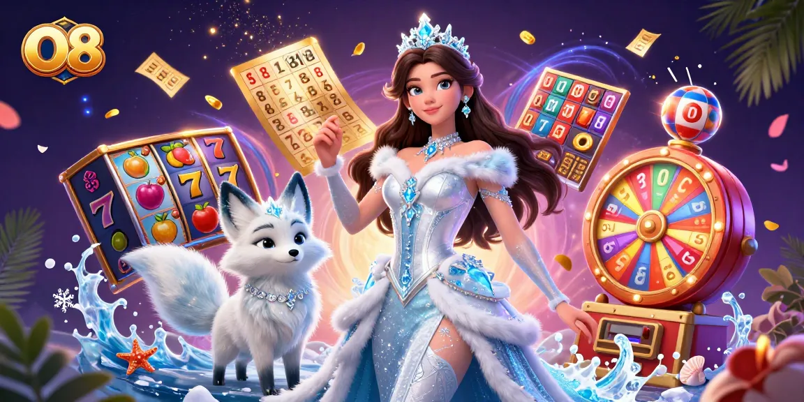 Engage with O8 Casino's vivid slot reels and golden bingo elements in this vibrant illustration.