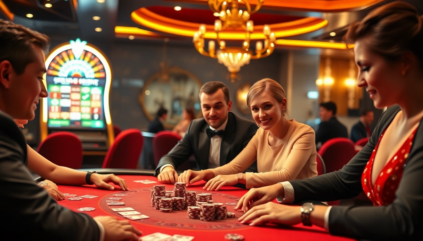 Engaging poker players at a luxurious e2bet .com casino table, illuminated with golden lights.