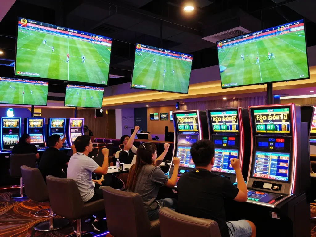 Sports betting lounge full of excitement with kèo bóng đá odds displayed on screens, lively atmosphere and fans engaged in betting