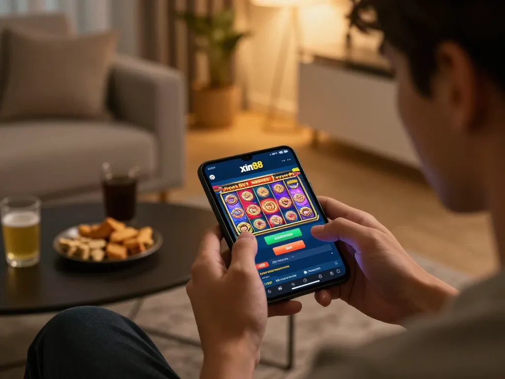 Engaging gaming moment with nhà cái xin88 app on a mobile device in a cozy home setting
