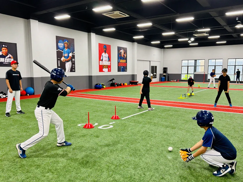 Engaged young athletes practicing at hitclub baseball training facility.
