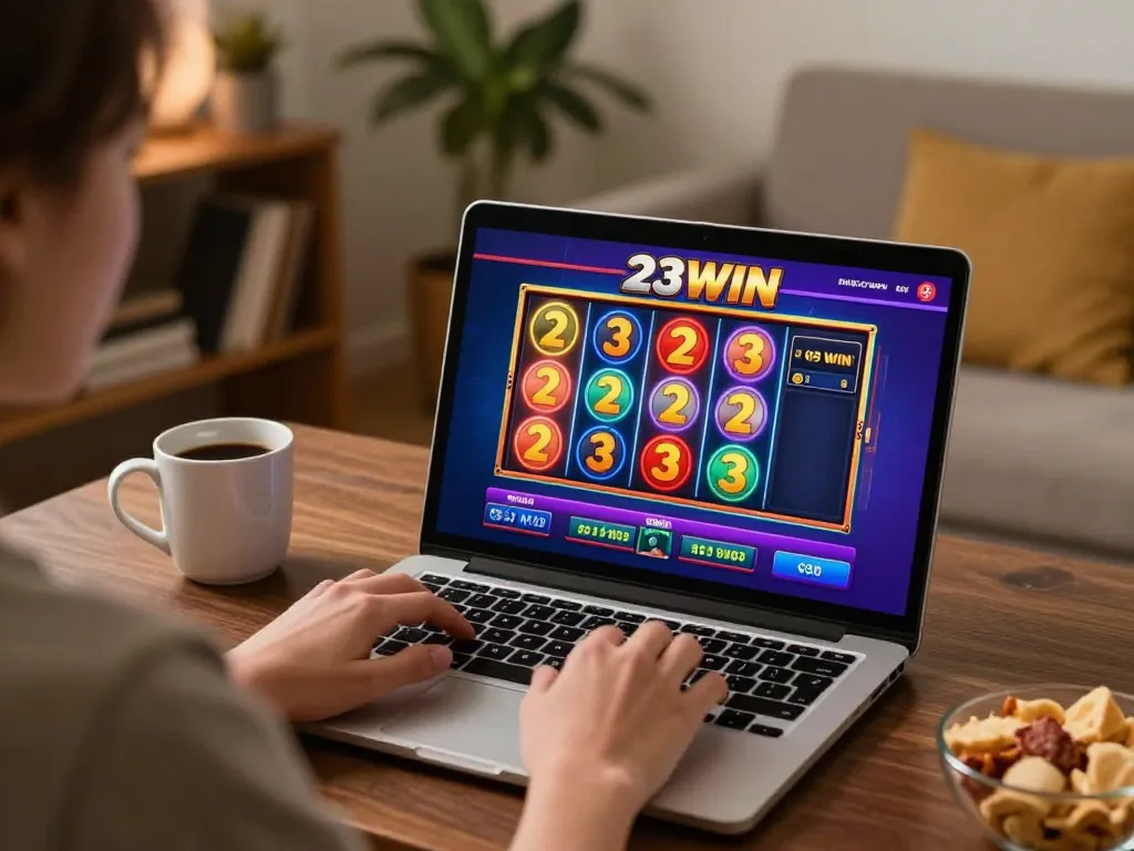 Using 23WIN for online slots gaming in a cozy home setting, laptop displaying vibrant reels.
