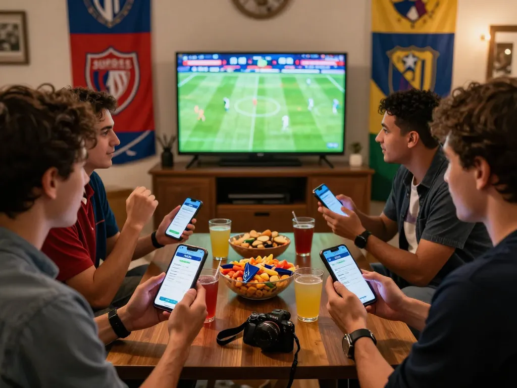 Friends enjoying a sports betting party with the 1gom app on smartphones.