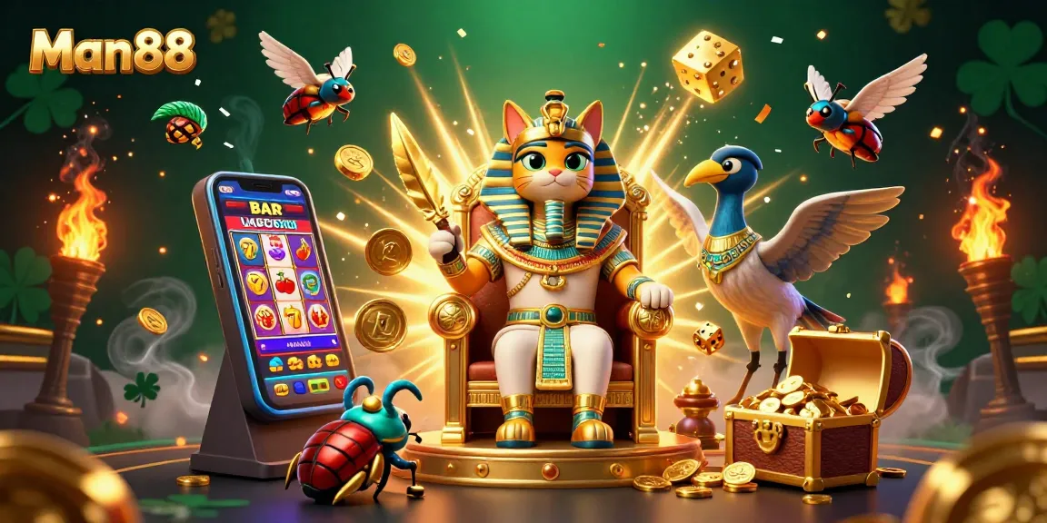 Experience thrilling gameplay with Man88 showcasing a vibrant 3D casino scene featuring Egyptian-themed characters.