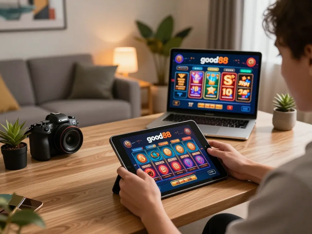 Engaged player using tablet for good88 online casino gaming with vibrant graphics and cozy home setup.