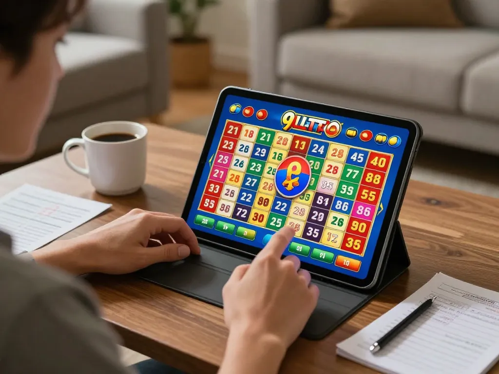 Engaging in 9 Lotto 4D prize gaming on a tablet in a cozy home setting, with strategic notes and coffee.