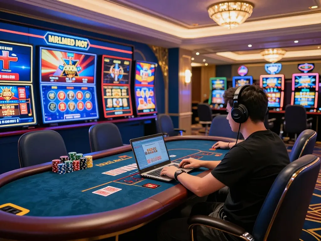 Engaging in thrilling online gaming at N88 with an elegant setup, showcasing casino excitement.