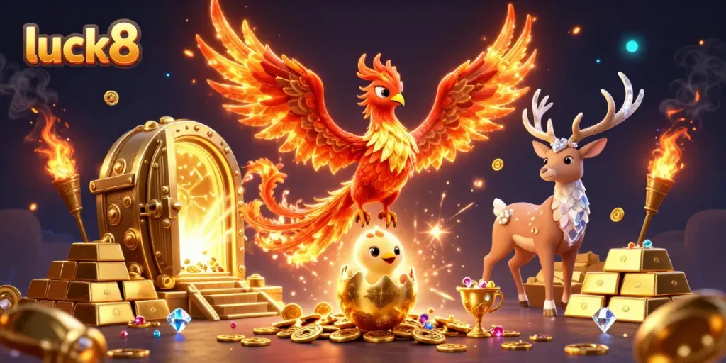 Experience thrilling wins with luck8, featuring a phoenix, treasures, and sparkling gems!