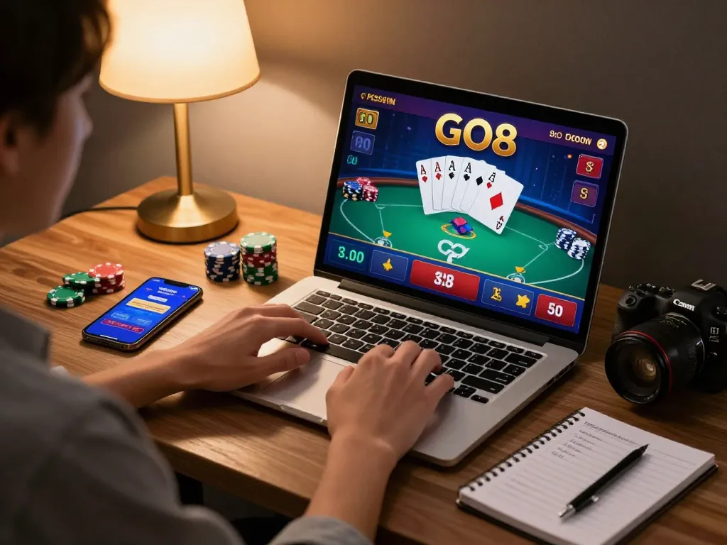 Engaging in Go8 casino gaming on a laptop, showcasing dynamic gameplay and strategic elements.