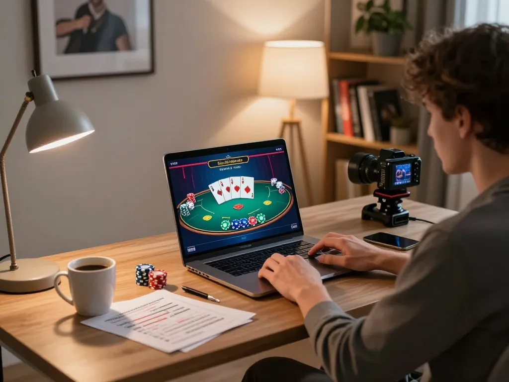 Engaging in responsible online gambling strategies at https://xx88.promo/ with live dealer poker game setup at home.