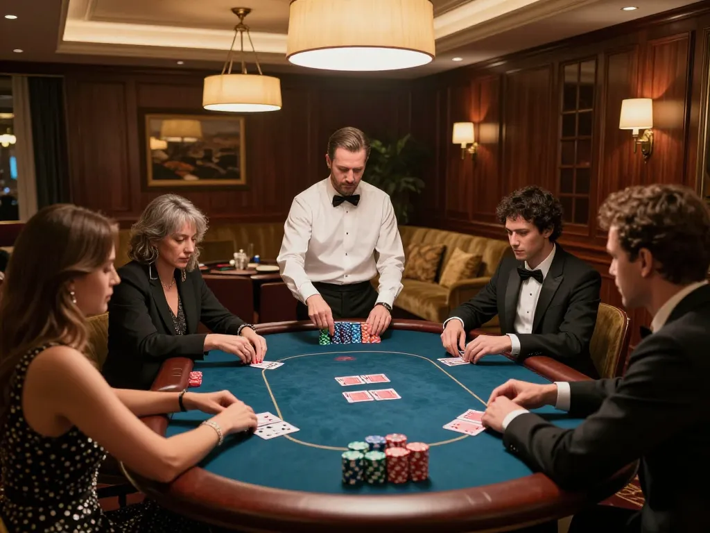 Engaging poker game scene at a luxury casino lounge featuring players and cards at an MM88 table.