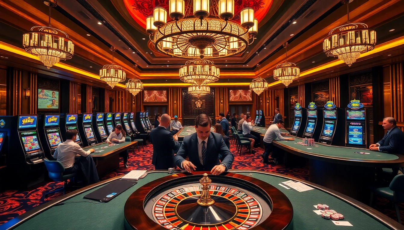 A thrilling gambling scene featuring high-stakes excitement at https://8xx.golf/ with vibrant slot machines and professional dealers.